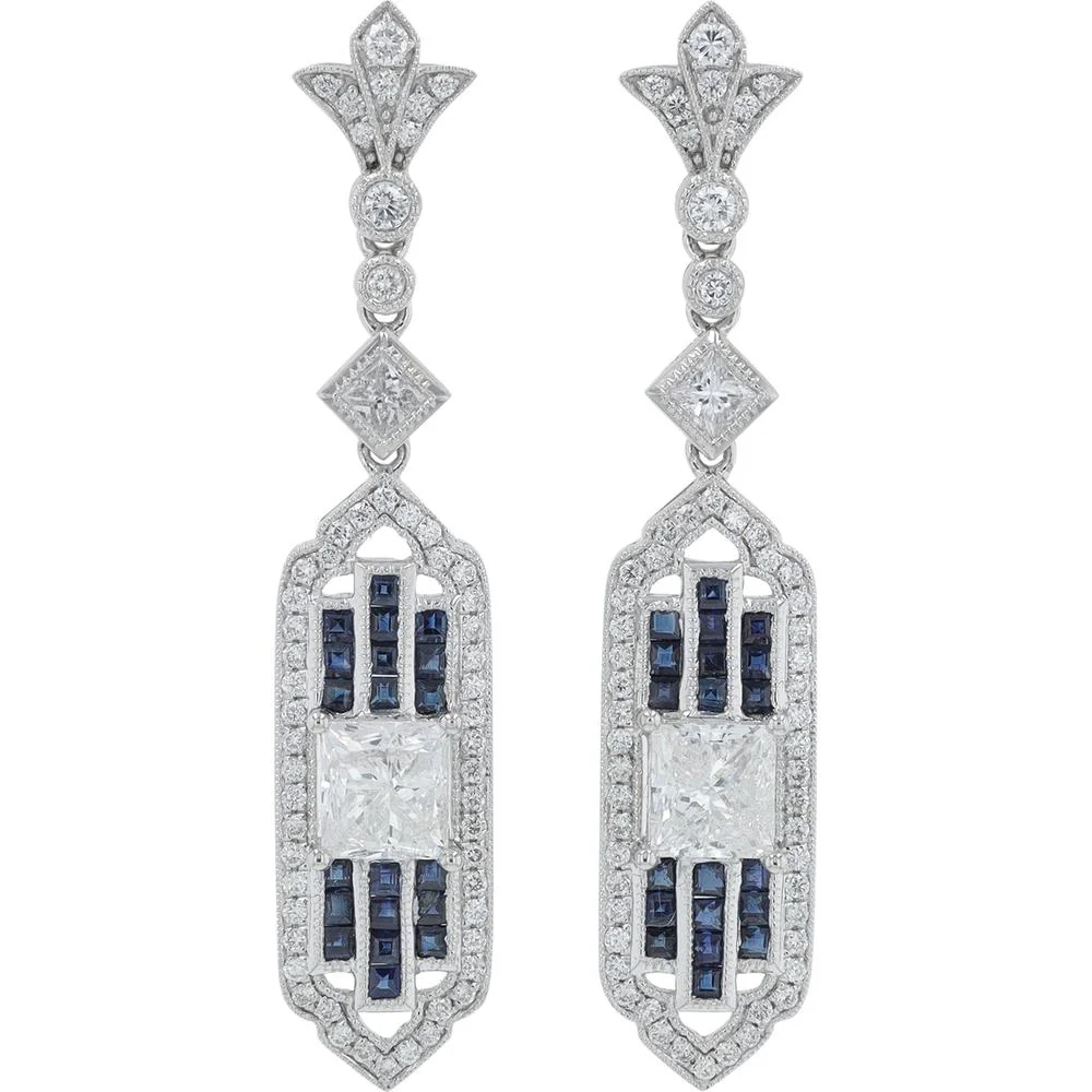 Platinum 0.92 Carat Sapphire and 2.57 Carat Diamond Drop Earrings with Princess Cut Diamonds - Platinum 950