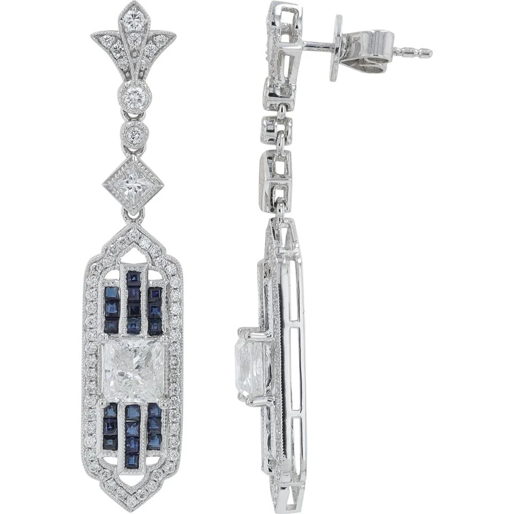 Platinum 0.92 Carat Sapphire and 2.57 Carat Diamond Drop Earrings with Princess Cut Diamonds - Platinum 950 - Image 2