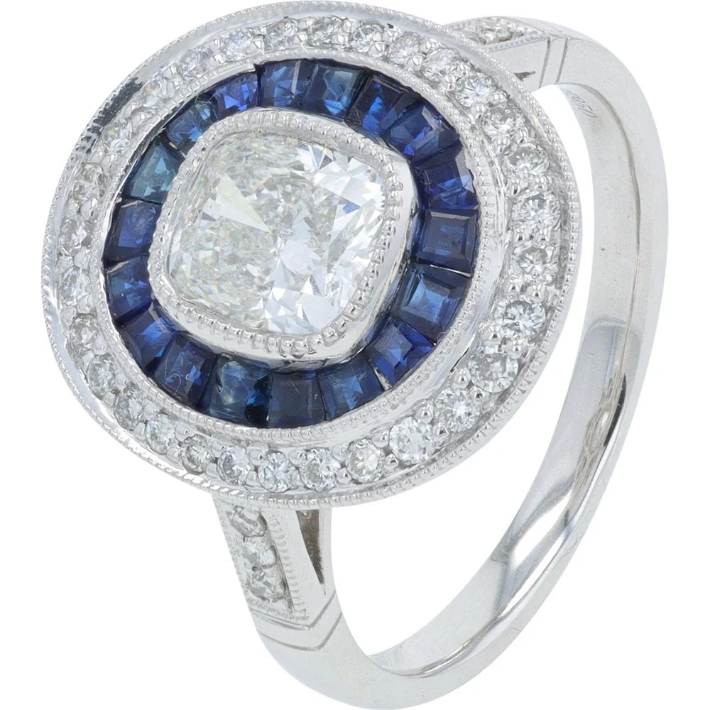 Platinum 0.92 Carat Total Weight Sapphire Ring with Diamond Halo - 1.27 Carat Total Diamond Weight