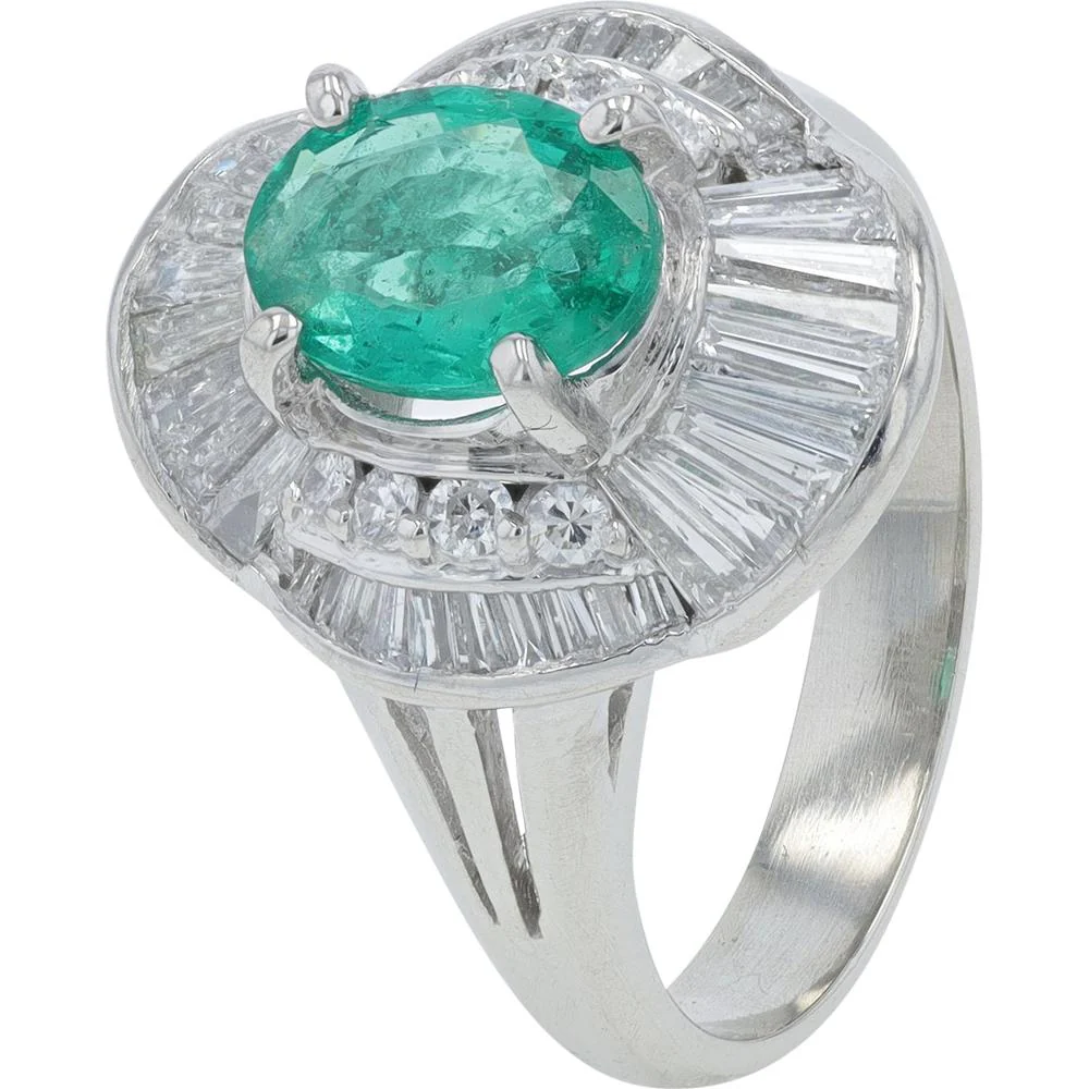Platinum 0.96 Carat Zambian Emerald and Diamond Halo Ring - 0.91 Carat Total Diamond Weight