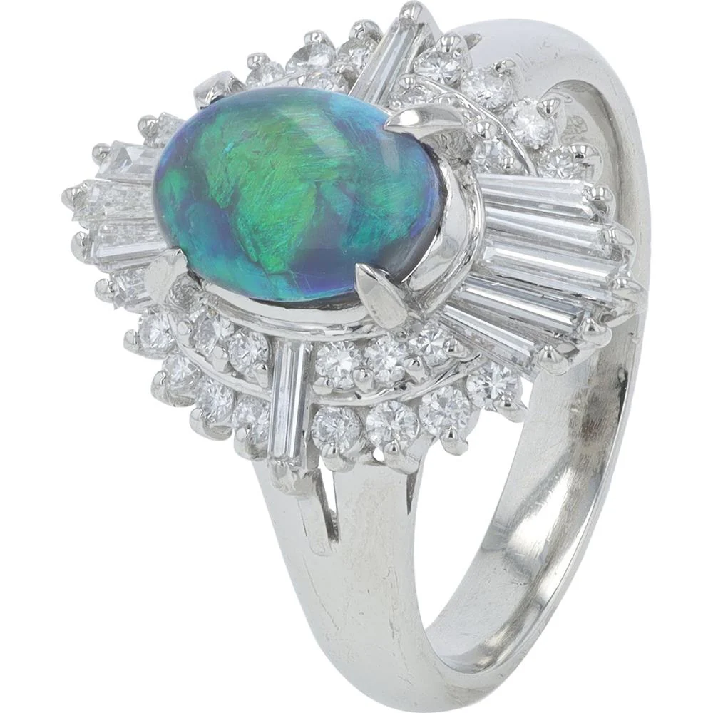 Platinum 0.99 Carat Black Opal Ring with 0.61 Carat Diamond Halo - 900 Platinum