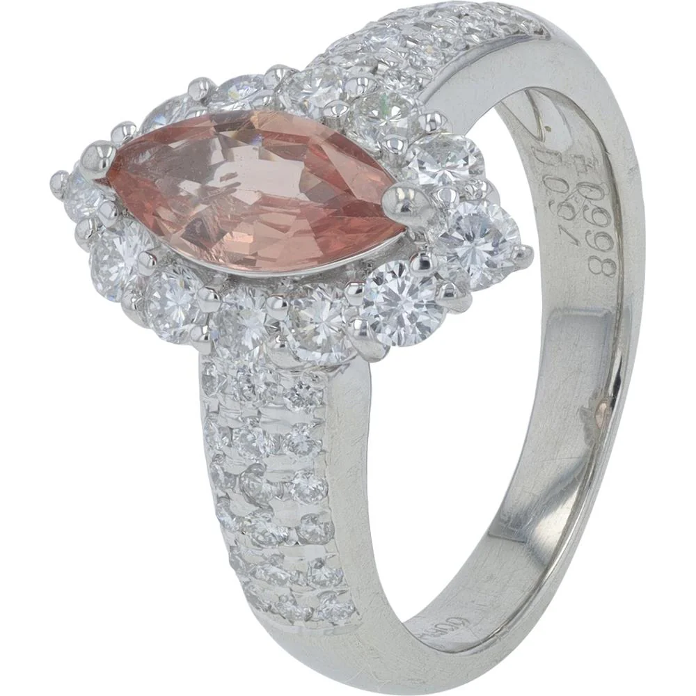 Platinum 0.99 Carat Marquise Pink Sapphire Ring with Diamond Halo - 0.94 Carat Total Diamond Weight