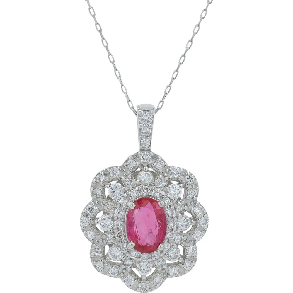 Platinum 1.00 Carat Ruby Pendant with 1.00 Carat Diamond Halo - 18" Chain