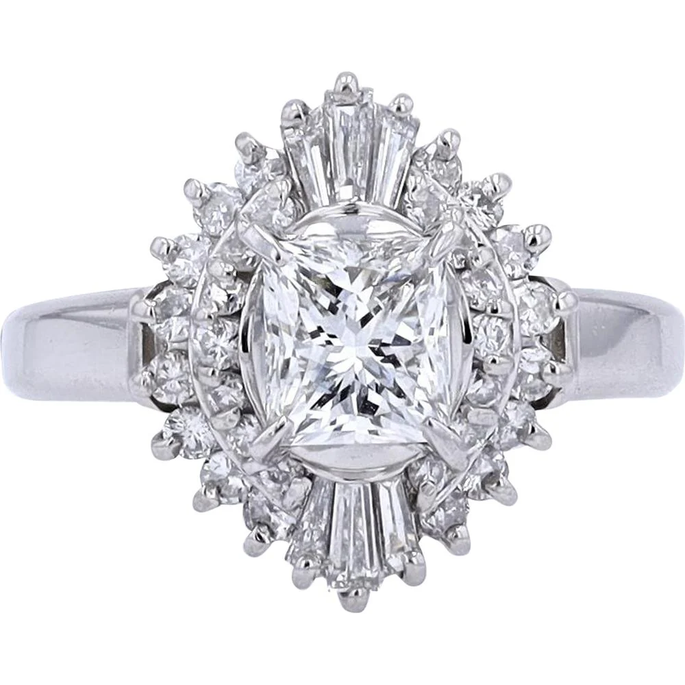 Platinum 1.01 Carat Princess Cut Diamond Engagement Ring with Halo Baguette and Round Accents - 1.58 Carat Total Diamond Weight