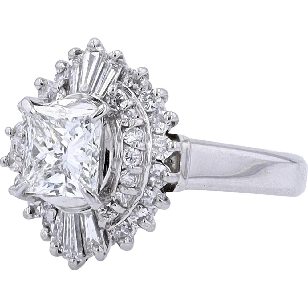 Platinum 1.01 Carat Princess Cut Diamond Engagement Ring with Halo Baguette and Round Accents - 1.58 Carat Total Diamond Weight - Image 2