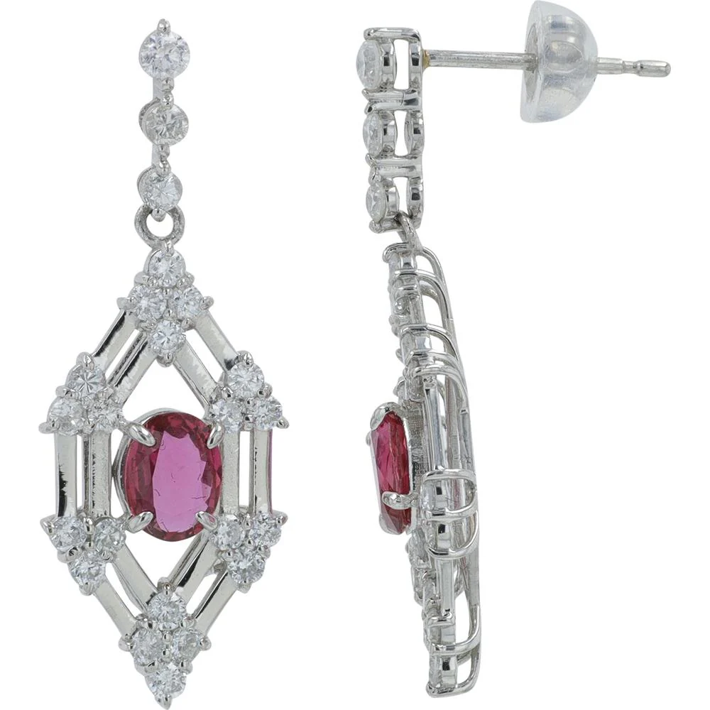 Platinum 1.01 Carat Total Weight Ruby Drop Earrings with 1.00 Carat Diamond Accents - Image 2