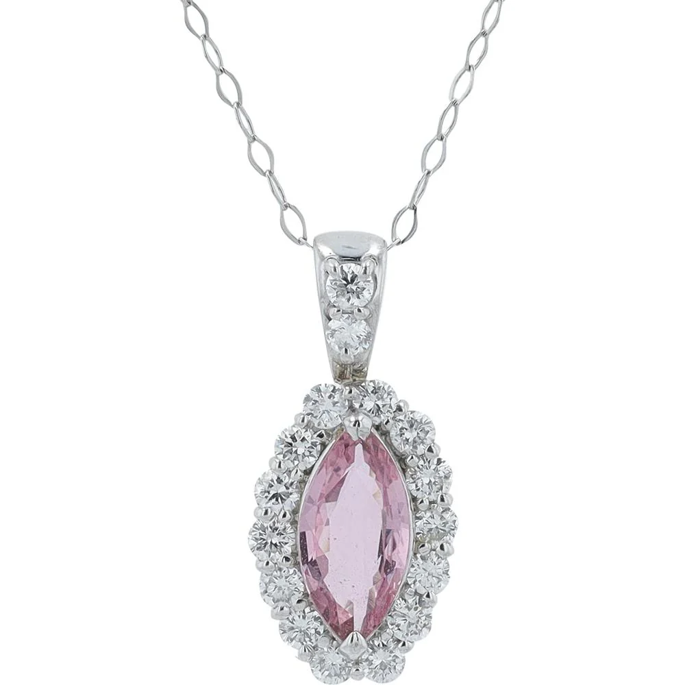 Platinum 1.013 Carat Marquise Pink Sapphire Pendant with 0.52 Carat Halo Diamonds - 18" Chain