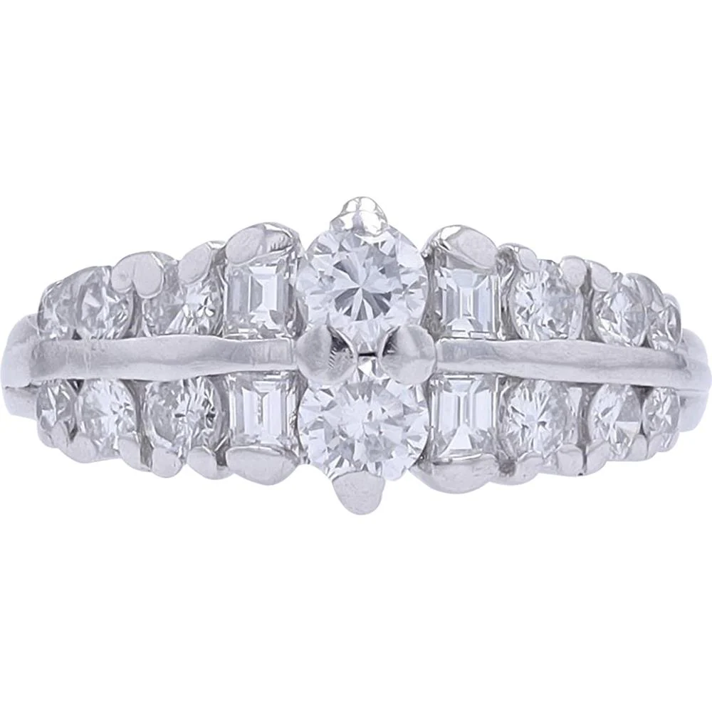 Platinum 1.02 Carat Diamond Ring with Round and Baguette Side Diamonds