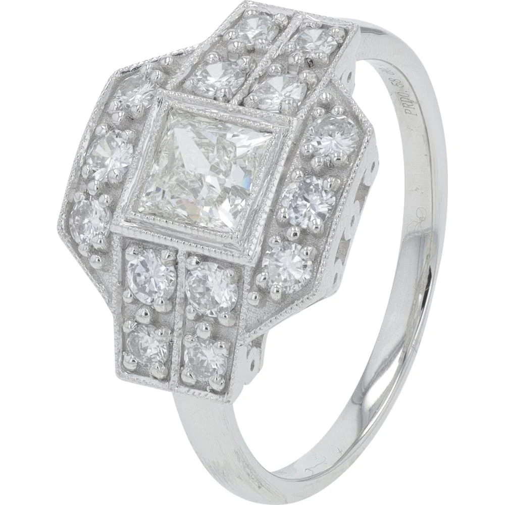 Platinum 1.02 Carat Total Weight Princess Cut Diamond Engagement Ring with Milgrain Detail - 0.58 Carat Center Diamond
