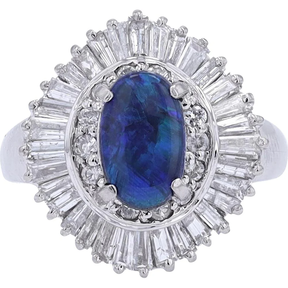 Platinum 1.05 Carat Black Opal Ballerina Ring with 1.43 Carat Diamond Halo