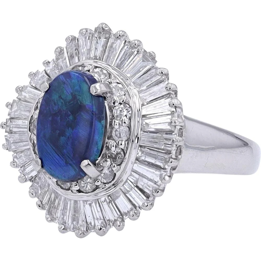 Platinum 1.05 Carat Black Opal Ballerina Ring with 1.43 Carat Diamond Halo - Image 2