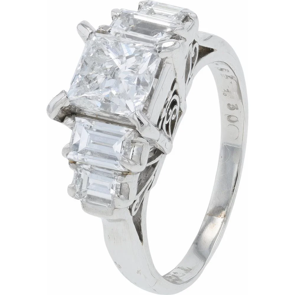 Platinum 1.05 Carat Princess Cut Engagement Ring with Baguette Diamond Accents - 1.87 Carat Total Diamond Weight