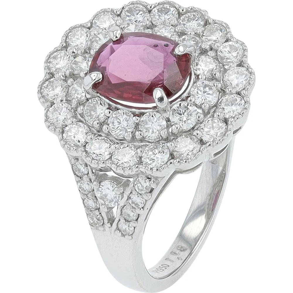 Platinum 1.08 Carat Thai Ruby Ring with 1.13 Carat Pavé Diamond Halo - Platinum 950
