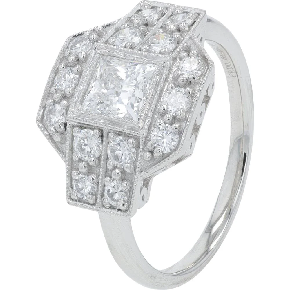Platinum 1.09 Carat Total Weight Diamond Engagement Ring with 0.61 Carat Princess Cut Center and Halo of Round Diamonds