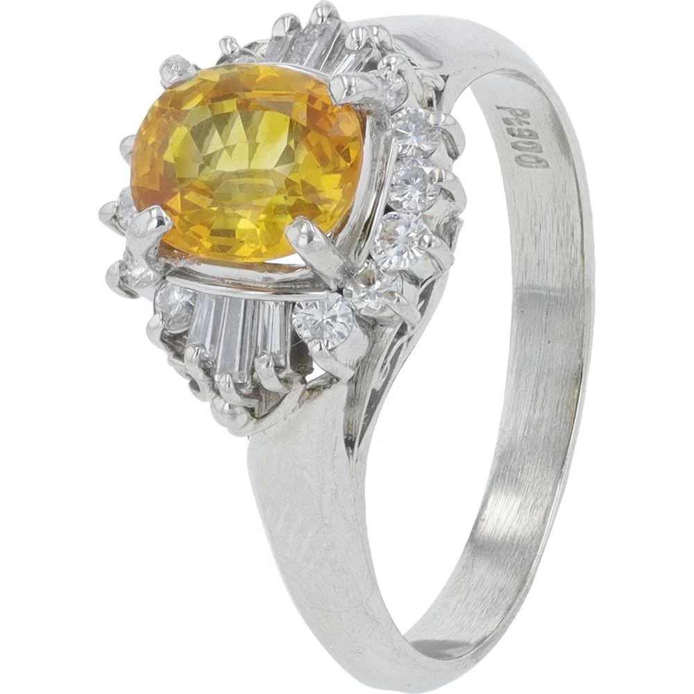 Platinum 1.10 Carat Oval Sri Lanka Yellow Sapphire Ring with 0.28 Carat Total Diamond Weight - GIA Certified
