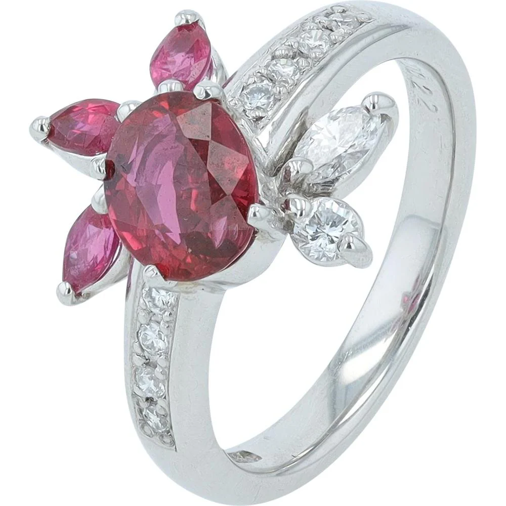 Platinum 1.108 Carat Pigeon Blood Ruby Ring with 1.50 Carat Marquise Ruby and 0.22 Carat Diamond Accents