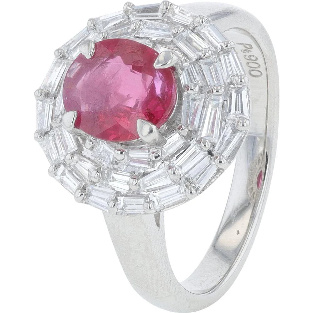 Platinum 1.14 Carat Total Weight Burma Ruby Ring with 0.76 Carat Baguette Diamond Halo