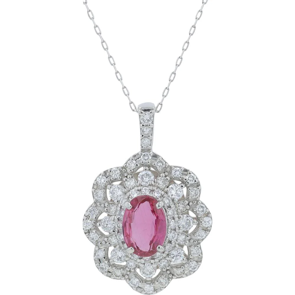 Platinum 1.183 Carat Oval Ruby Pendant with Diamond Halo - 1.11 Carat Total Diamond Weight