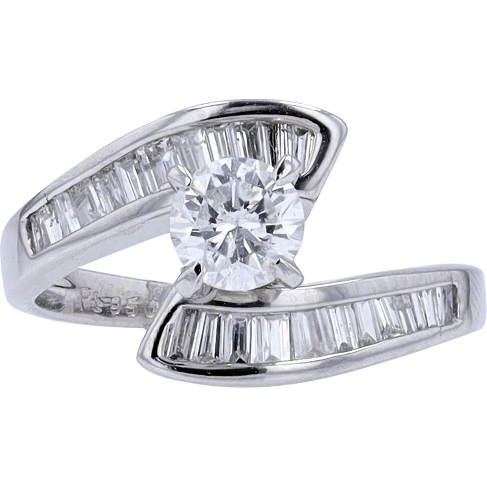 Platinum 1/2 Carat Round Diamond Bypass Engagement Ring with Channel Set Baguette Diamonds - 1.00 Carat Total Diamond Weight
