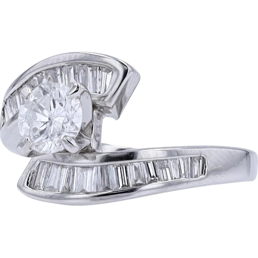 Platinum 1/2 Carat Round Diamond Bypass Engagement Ring with Channel Set Baguette Diamonds - 1.00 Carat Total Diamond Weight - Image 2