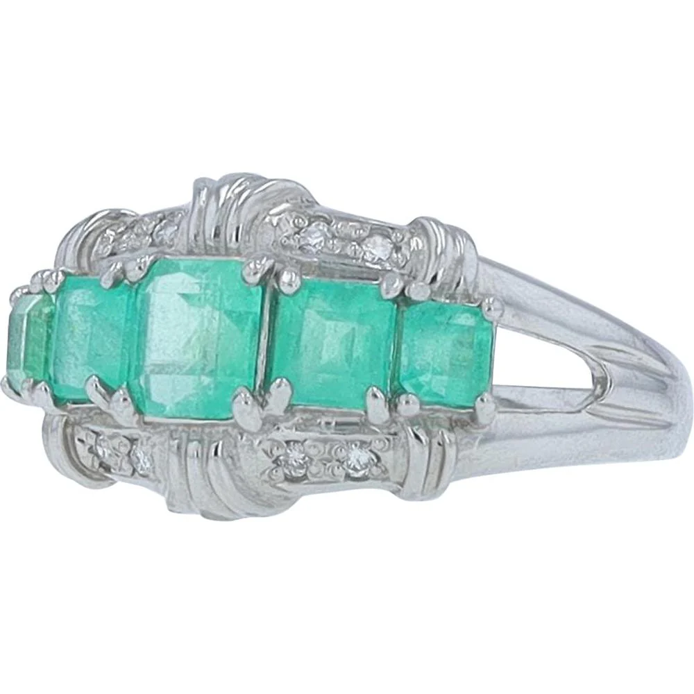 Platinum 1.20 Carat Emerald Five Stone Ring with 0.05 Carat Diamond Accents - Image 2
