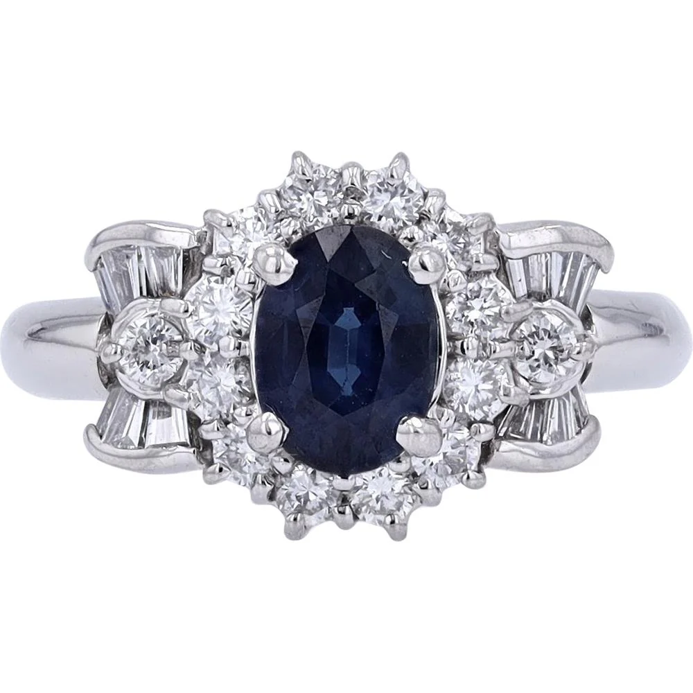 Platinum 1.20 Carat Sapphire Center Ring with Diamond Halo - 0.58 Carat Total Diamond Weight