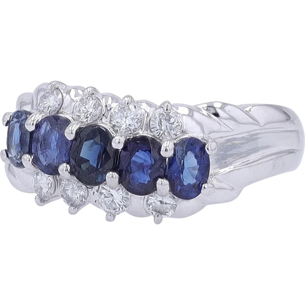 Platinum 1.20 Carat Sapphire Five Stone Ring with 0.32 Carat Diamond Accents - Image 2