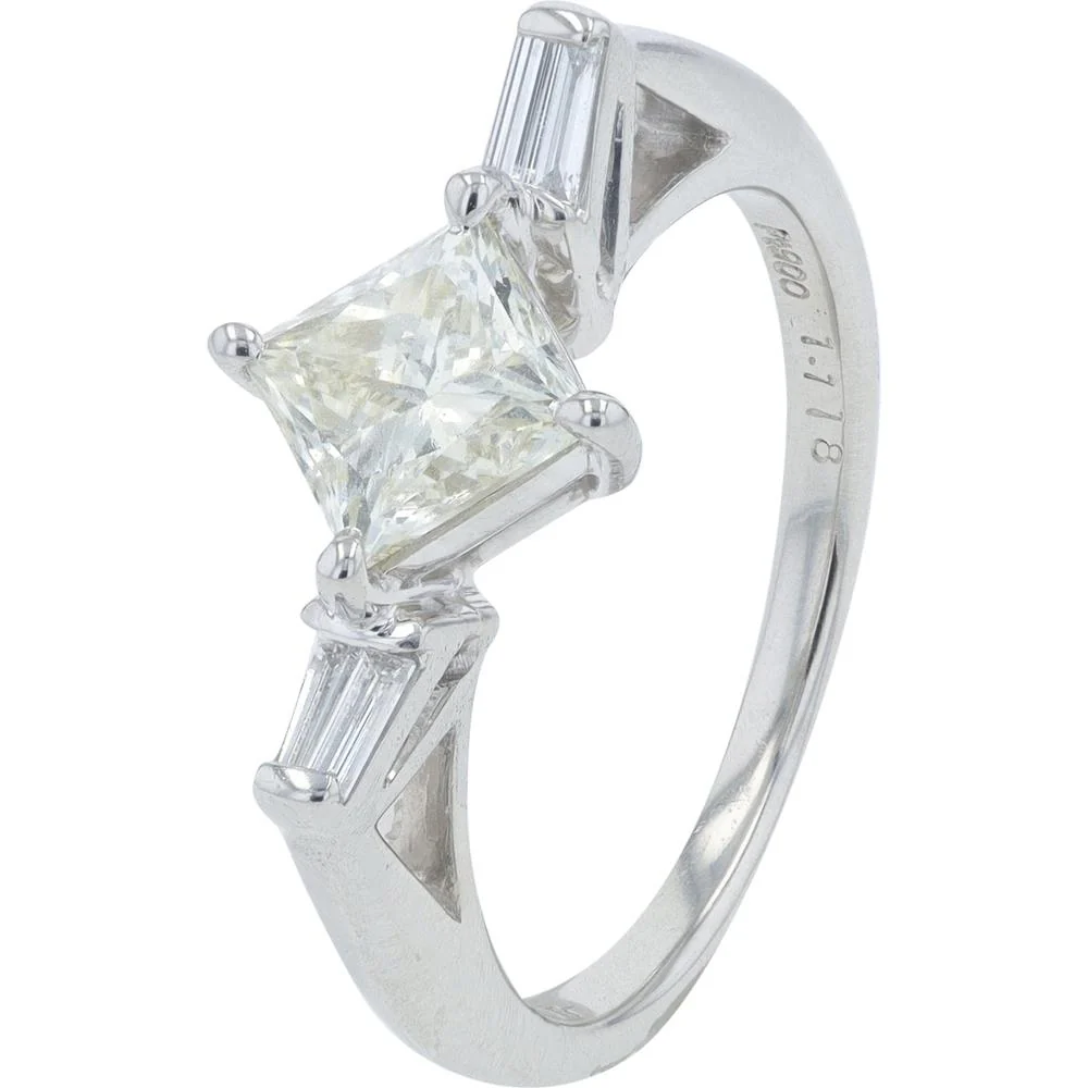 Platinum 1.218 Carat Total Weight Diamond Engagement Ring with Princess Cut Center and Tapered Baguette Accents
