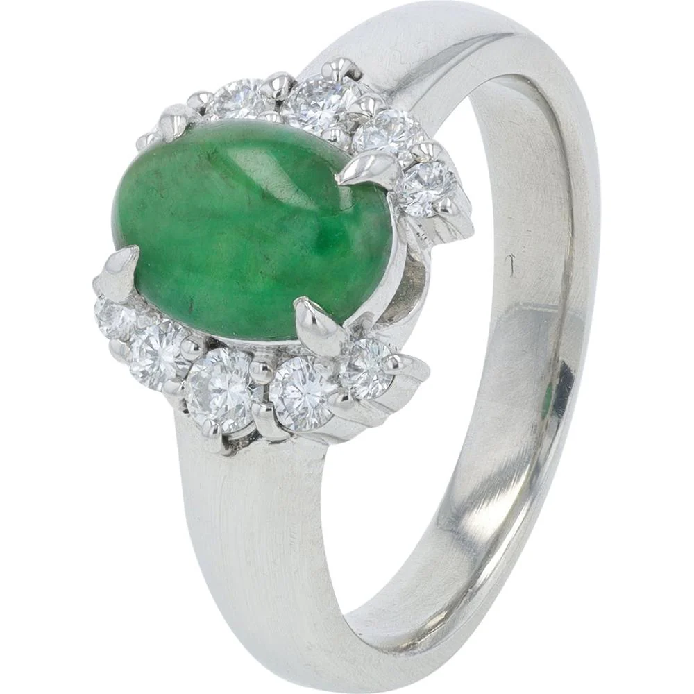 Platinum 1.286 Carat Oval Jade Ring with Diamond Halo - 0.30 Carat Total Diamond Weight