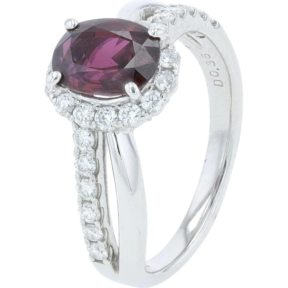 Platinum 1.31 Carat Ruby Oval Halo Ring with 0.36 Carat Diamond Accents