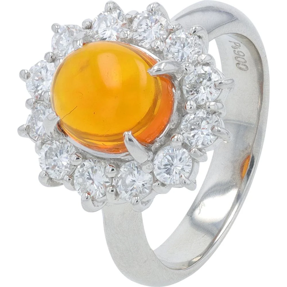 Platinum 1.35 Carat Fire Opal Ring with 0.90 Carat Round Diamond Halo