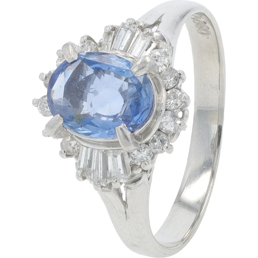 Platinum 1.36 Carat Total Weight Oval Sapphire Ring with 0.36 Carat Diamond Halo