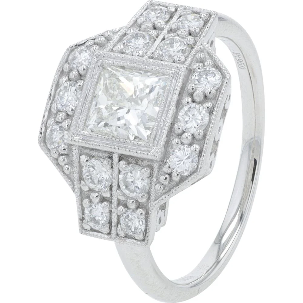 Platinum 1.37 Carat Total Weight Diamond Engagement Ring with 0.85 Carat Princess Cut Center Stone and Round Diamond Halo