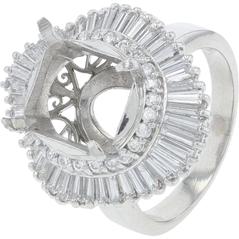 Platinum 1.39 Carat Diamond Semi - Mount Ring with Baguette and Round Diamonds - Size 5.75