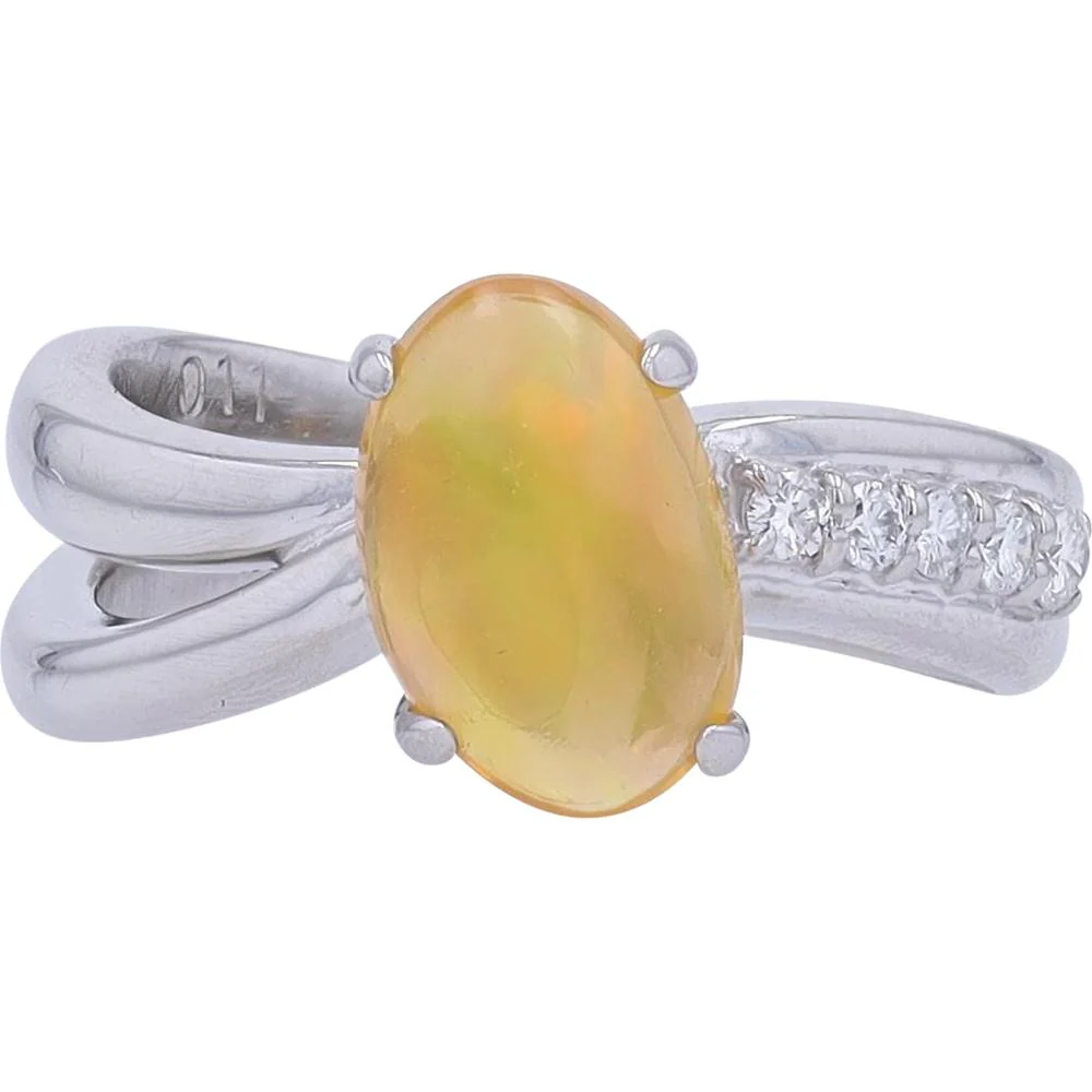 Platinum 1.40 Carat Oval Fire Opal Ring with 0.11 Carat Total Diamond Accents