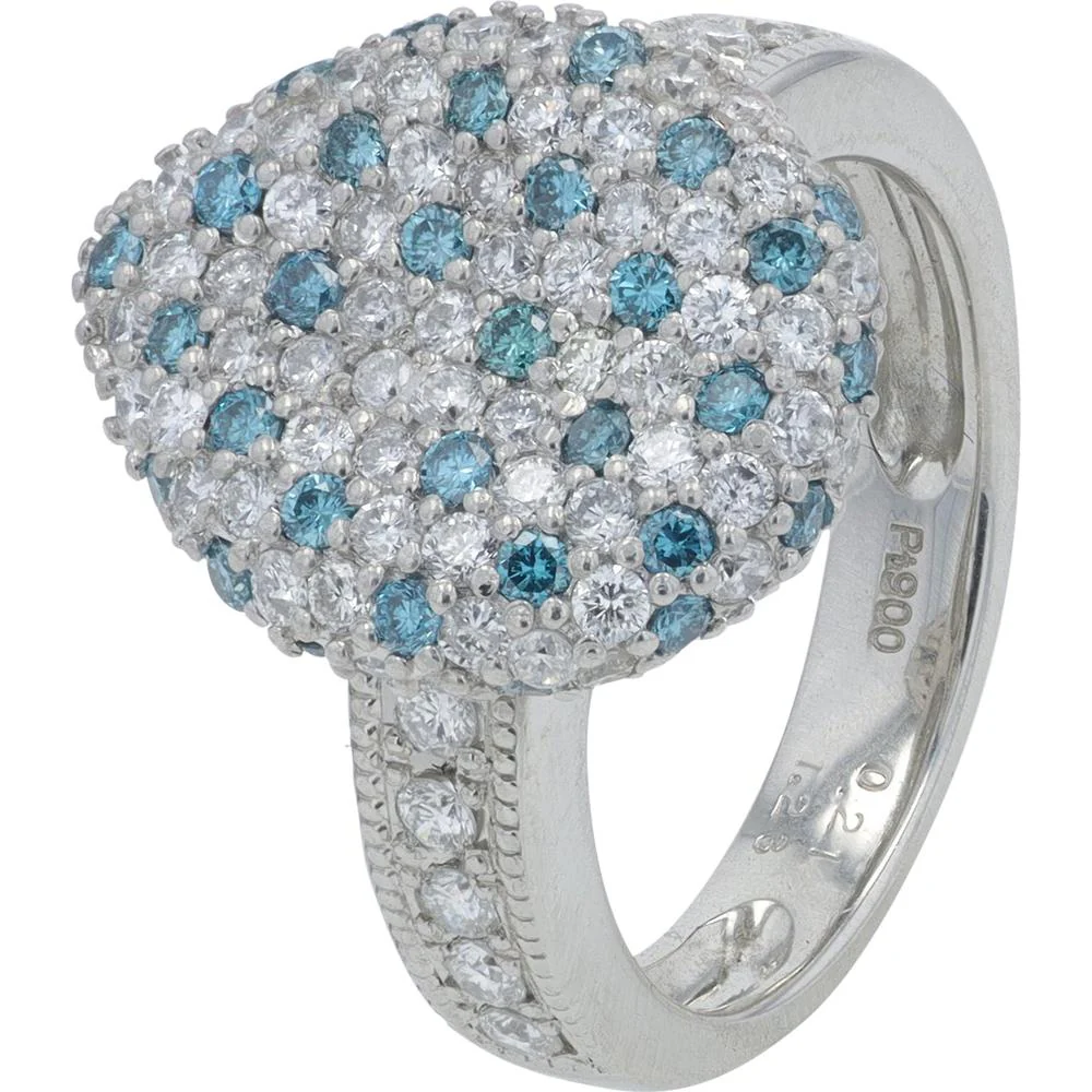 Platinum 1.44 Carat Total Weight Round and Blue Diamond Cluster Ring