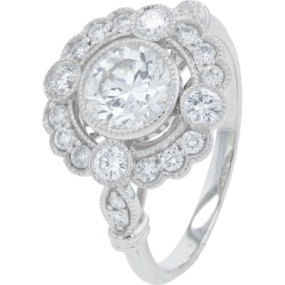 Platinum 1.47 Carat Total Weight Diamond Engagement Ring with Halo and Milgrain Detailing - 1.00 Carat Center Diamond