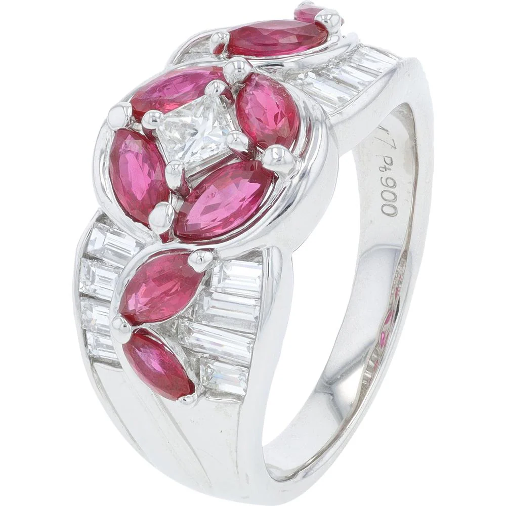 Platinum 1.47 Carat Total Weight Ruby Ring with 1.00 Carat Total Baguette Diamond Accents