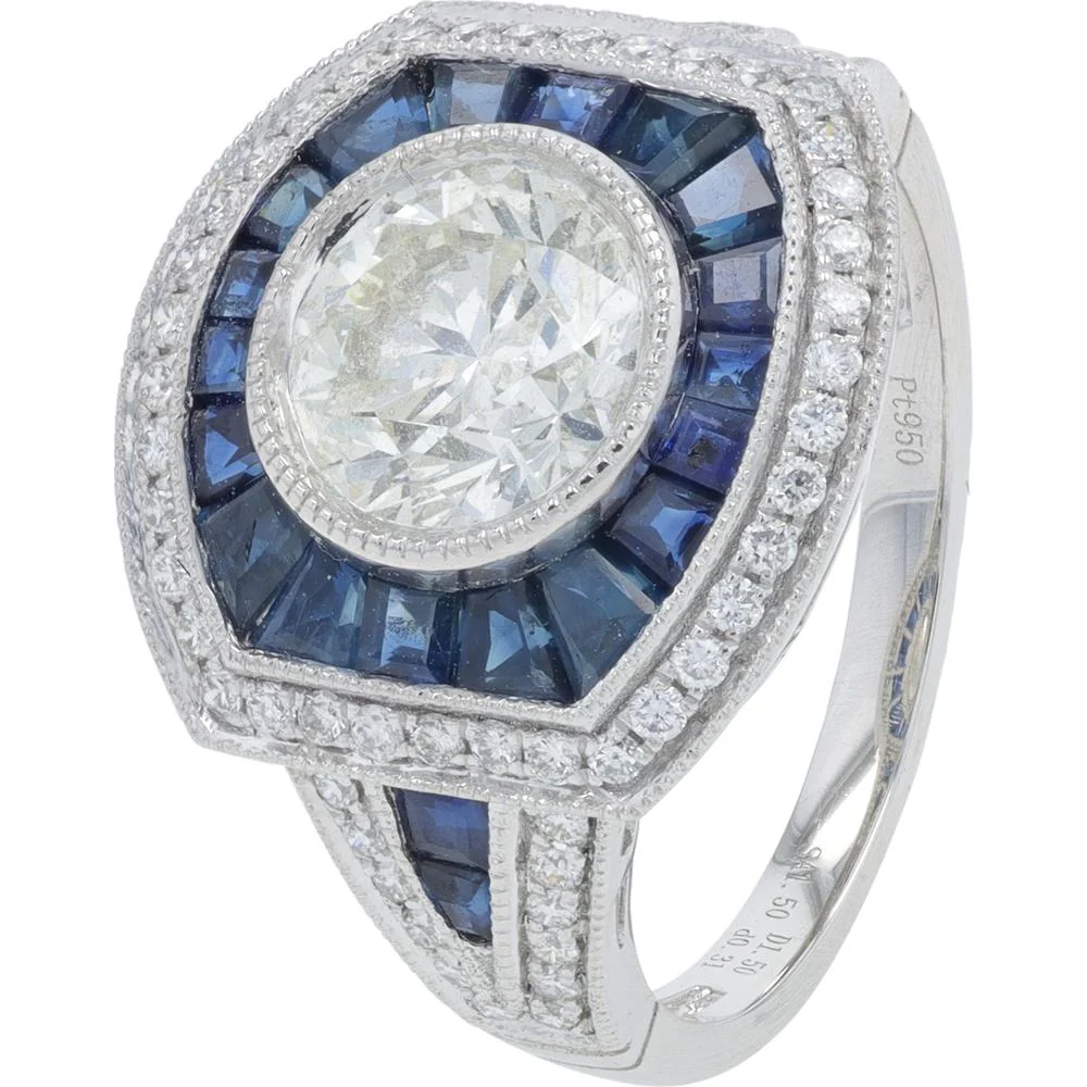 Platinum 1.50 Carat Total Weight Oval Sapphire Ring with 1.81 Carat Diamond Halo