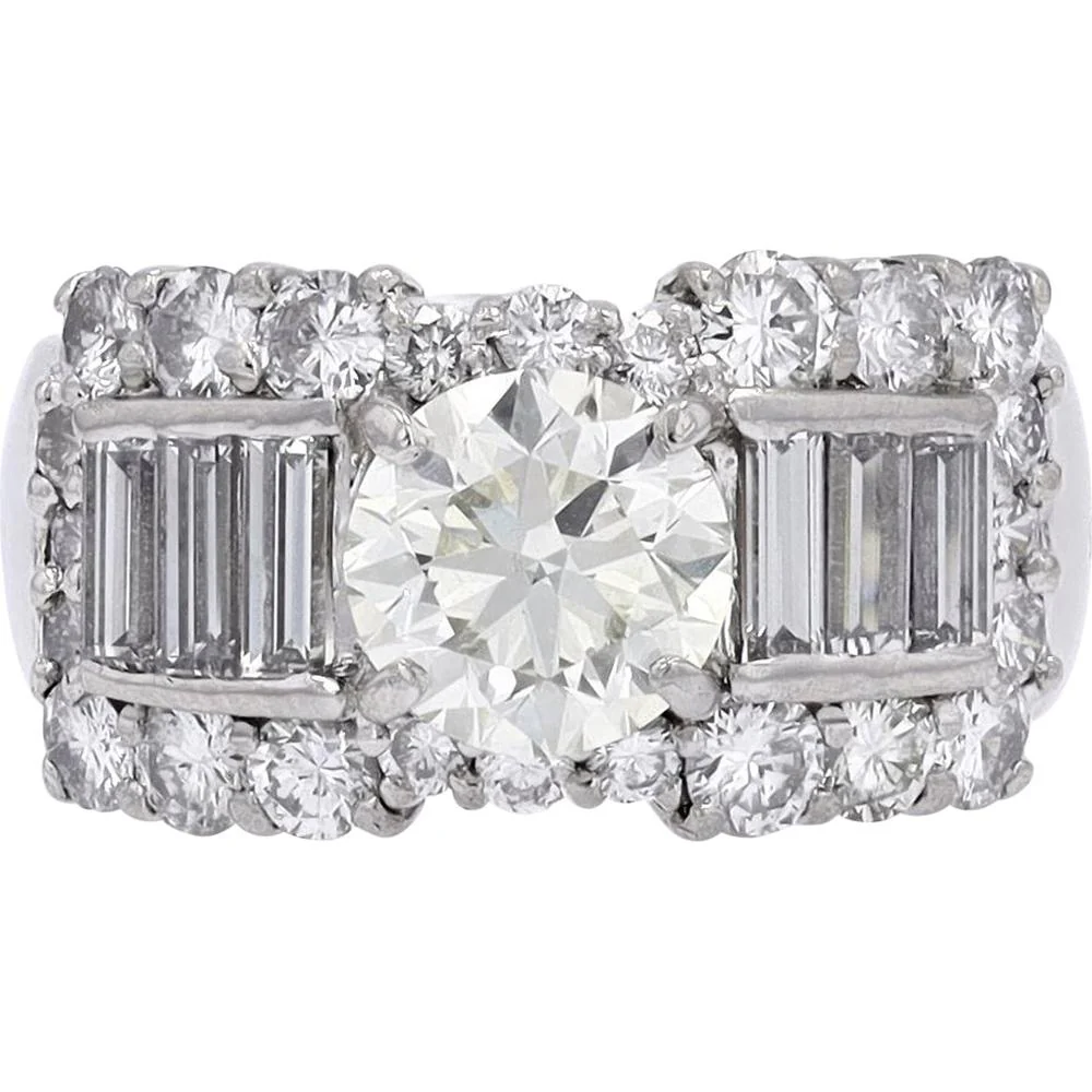 Platinum 1.50 CTR Round Diamond Engagement Ring with Baguette and Halo Diamonds - 3.37 Carat Total Diamond Weight
