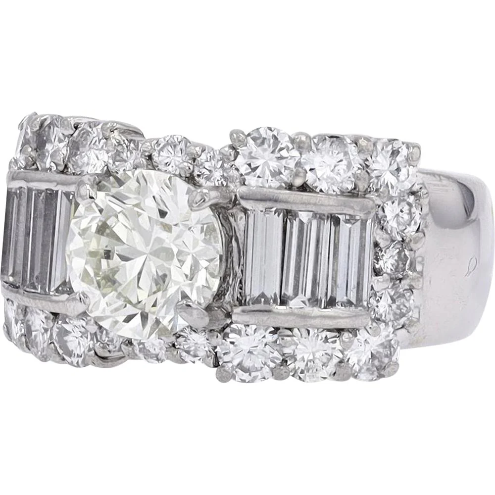 Platinum 1.50 CTR Round Diamond Engagement Ring with Baguette and Halo Diamonds - 3.37 Carat Total Diamond Weight - Image 2