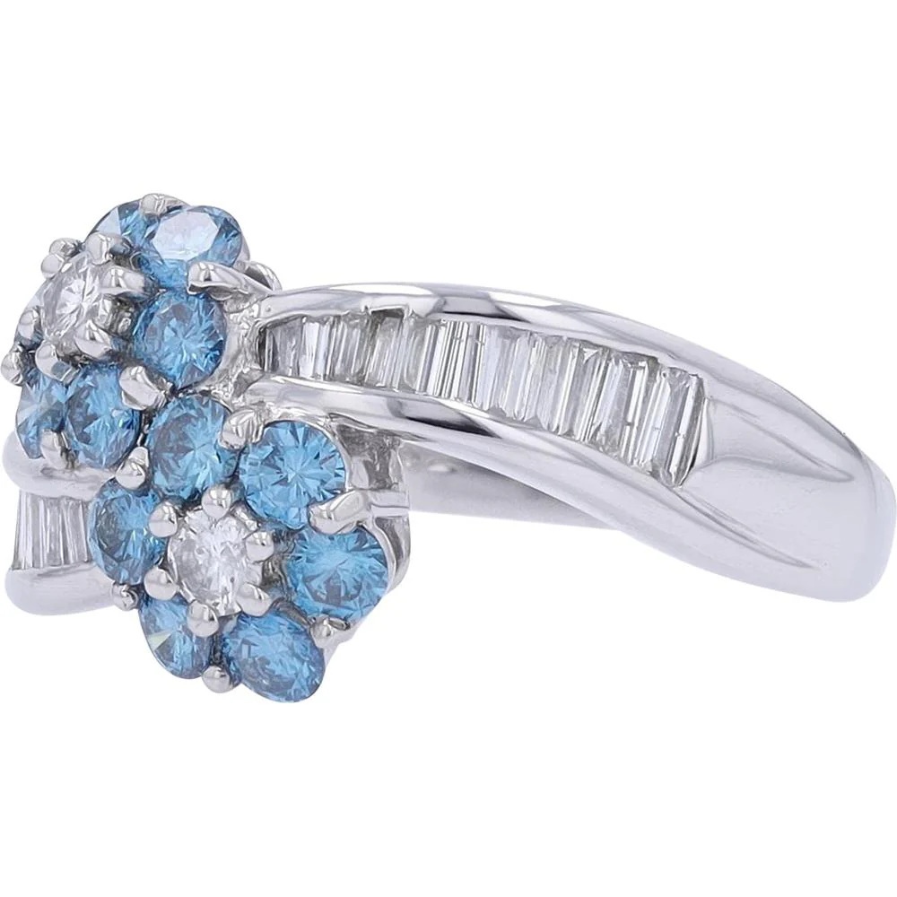 Platinum 1.52 Carat Total Weight Round Diamond Flower Bypass Ring with Baguette Accents - Image 2