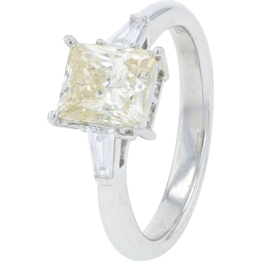 Platinum 1.552 Carat Cushion Cut Natural Light Brownish Yellow Diamond Ring with Tapered Baguette Diamonds - 1.715 Carat Total Diamond Weight