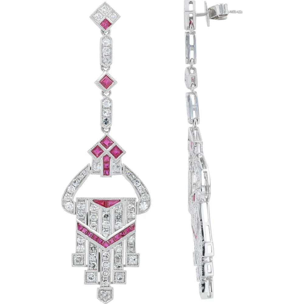 Platinum 1.58 Carat Total Ruby Earrings with 2.12 Carats Diamond Accents - Image 2