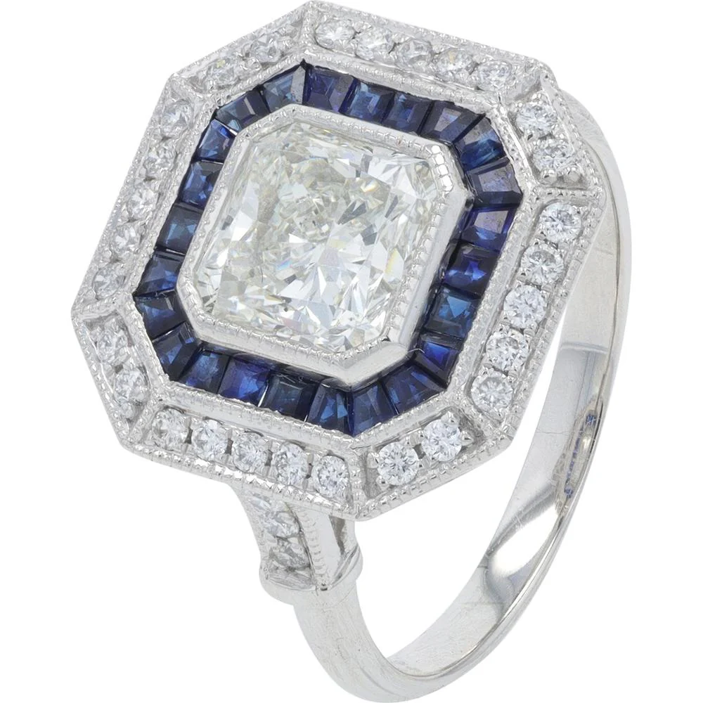 Platinum 1.60 Carat Radiant Cut Sapphire Ring with 1.86 Carat Diamond Halo - Platinum 950