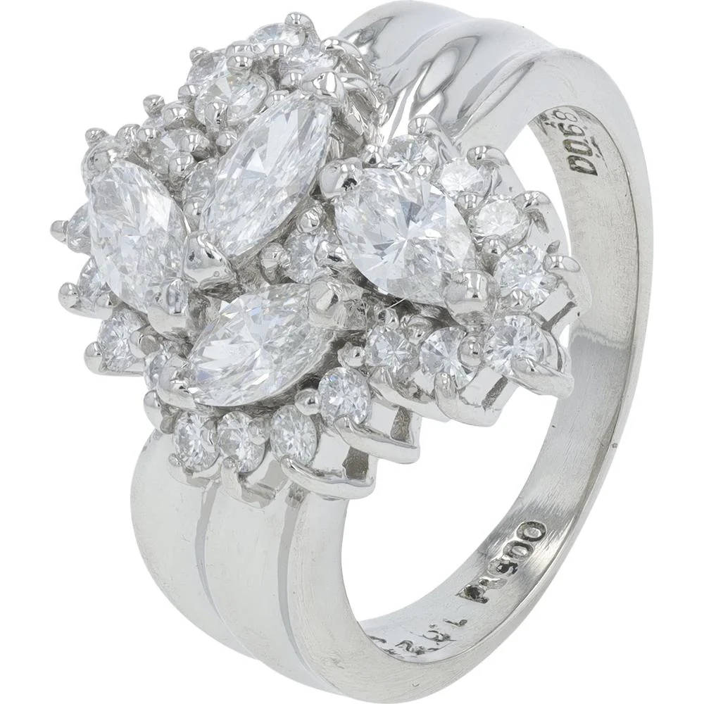 Platinum 1.703 Carat Total Weight Diamond Cluster Ring with Marquise and Round Diamonds