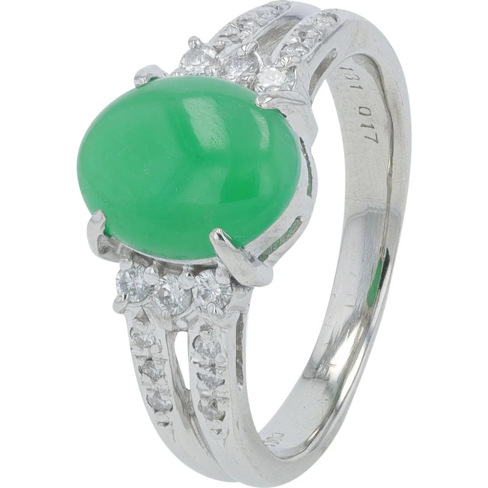 Platinum 1.891 Carat Oval Jade Ring with Diamond Accents - 0.17 Carat Total Diamond Weight