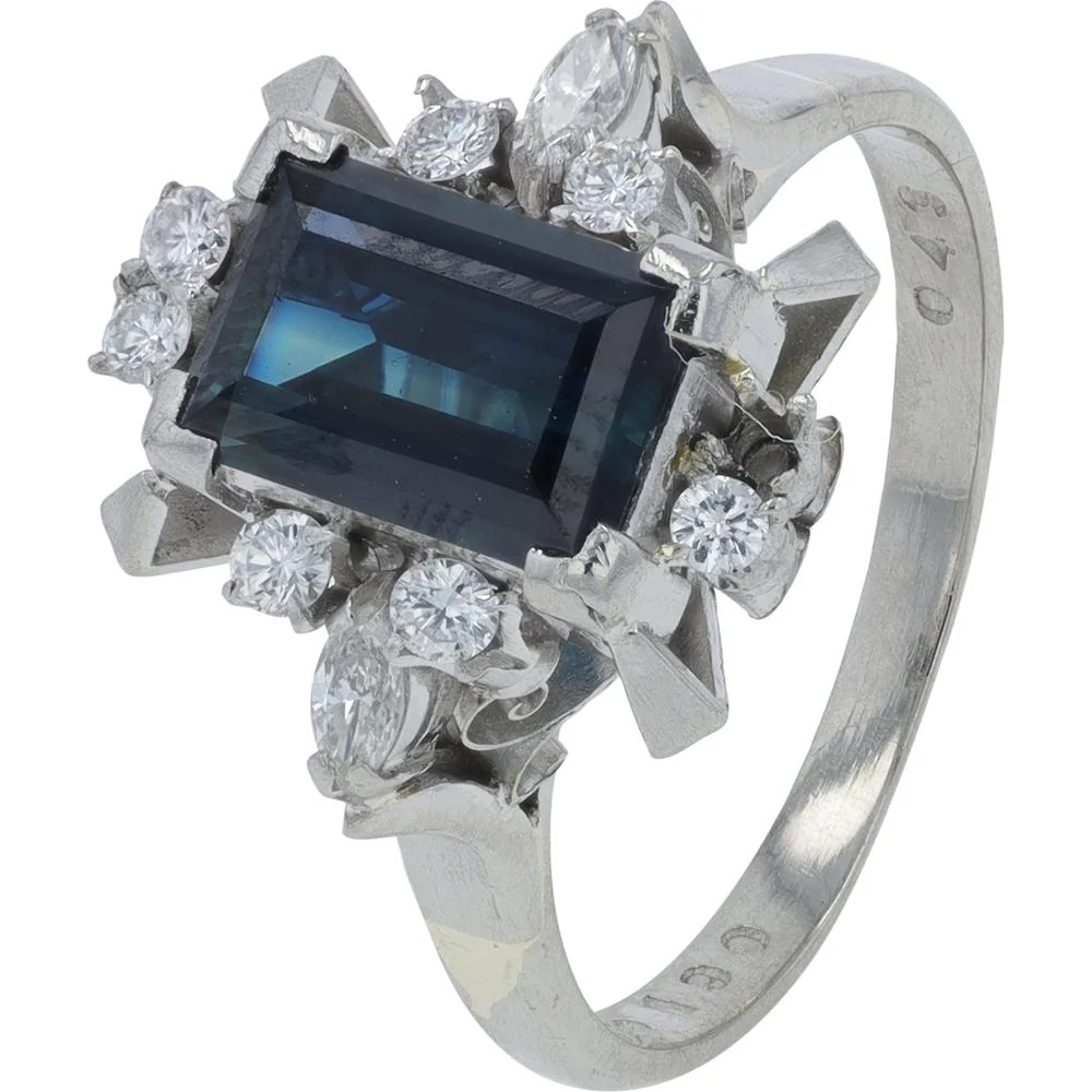 Platinum 1.90 Carat Total Weight Emerald Cut Sapphire Ring with 0.43 Carat Total Diamond Halo