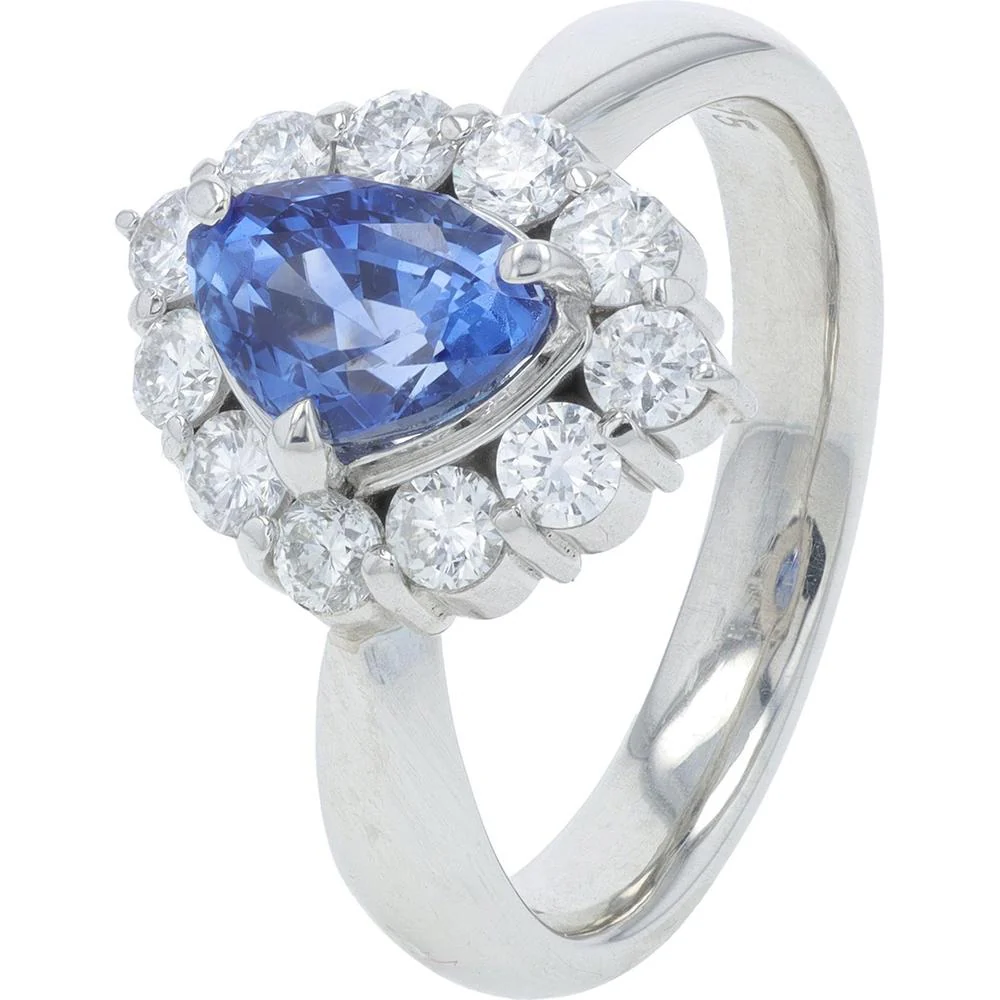 Platinum 1.90 Carat Total Weight Pear - Shaped Sapphire Ring with 0.75 Carat Diamond Halo