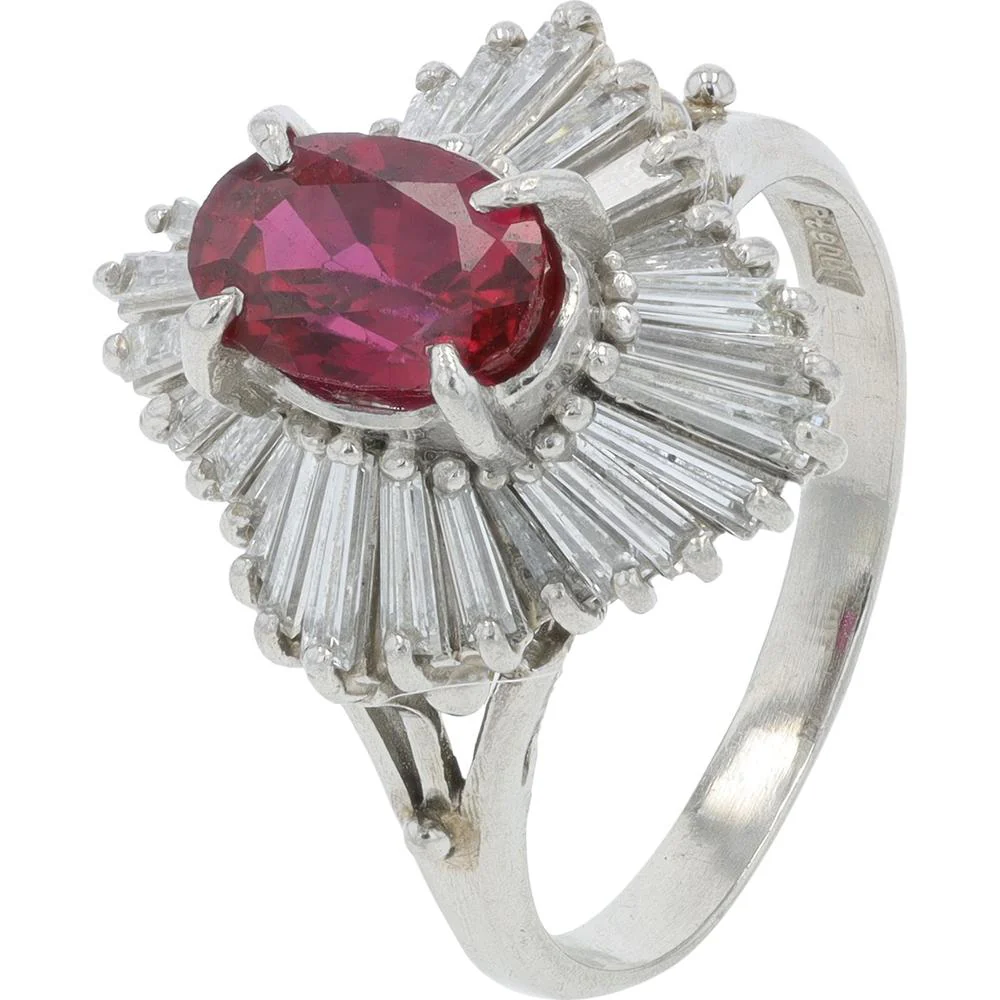 Platinum 1.95 Carat Oval Ruby Ring with 0.82 Carat Baguette Diamond Halo